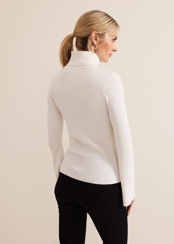 Phase Eight Fran Fluted Sleeve Ribbed Roll Neck Knitwear White USA | 3091654-SG